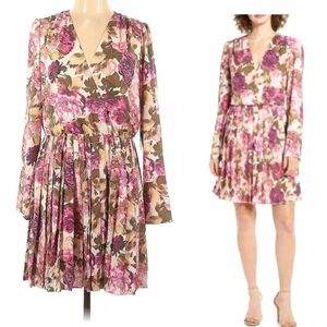 Leith Pleated Faux Wrap Dress Large 12 14 Floral Roses